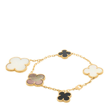 VAN CLEEF & ARPELS 18K Yellow Gold Grey Mother of Pearl Black Onyx 5 Motifs Magic Alhambra Bracelet