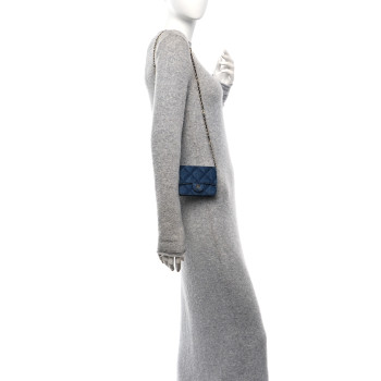 CHANEL Printed Denim Quilted Card Holder On Chain  Dark Blue