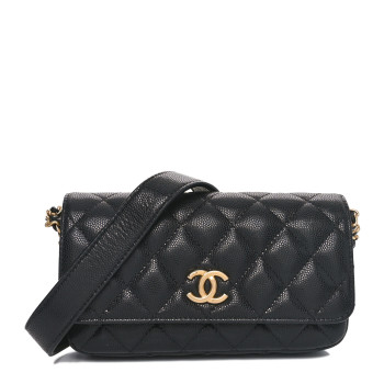 CHANEL Caviar Quilted Yours Buttons Phone Holder With Chain Black