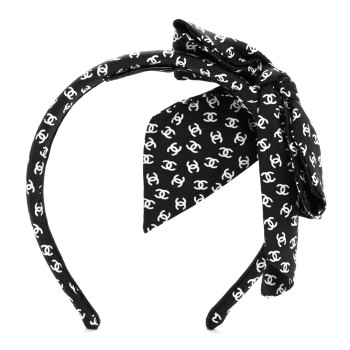 CHANEL Silk Bow CC Headband Black Ecru