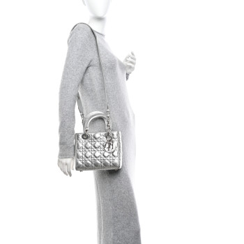 CHRISTIAN DIOR Metallic Grained Calfskin Cannage Small Lucky Badges My Lady Dior Silver