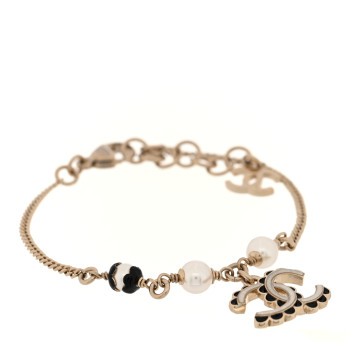 CHANEL Metal Enamel Pearl CC Bracelet Gold Black White