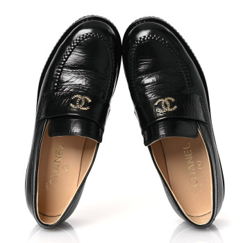 CHANEL Shiny Crumpled Calfskin CC Mocassin Loafers 39 Black