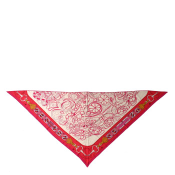 HERMES Cashmere Silk Folklore d'Henri d'Origny Giant Pointe Triangle Shawl Naturel Fuchsia Rose Poudre