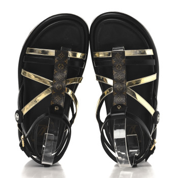 LOUIS VUITTON Patent Calfskin Monogram Pool Pillow Comfort Sandals 39 Gold Black Brown