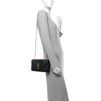 SAINT LAURENT Grain De Poudre Textured Mixed Matelasse Triquilt Small Monogram Satchel Black