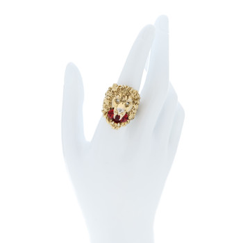 GUCCI Metal Crystal Lion Head Ring L Red Gold