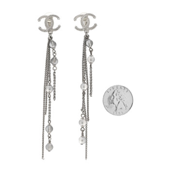 CHANEL Metal Chain Pearl CC Drop Clip On Earrings Silver