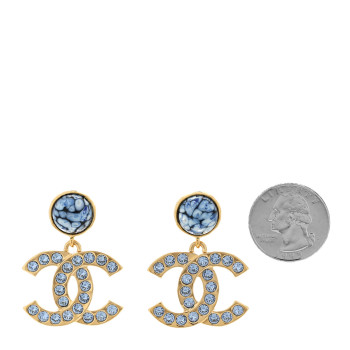CHANEL Crystal Stone CC Drop Earrings Blue Gold