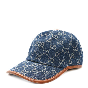 GUCCI Washed Jacquard Denim Nappa GG Monogram Oscar Baseball Hat M Denim Cuir
