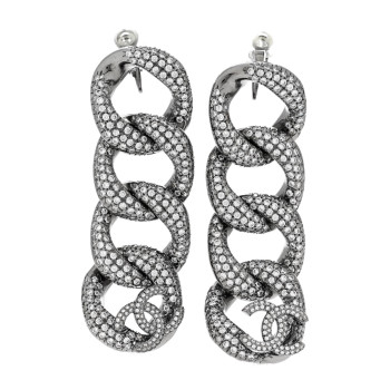 CHANEL Crystal Chain Link CC Drop Clip On Earrings Black