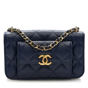 CHANEL Caviar Quilted Pocket Twins Clutch With Chain Navy Blue
