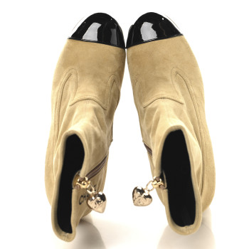 CHANEL Suede Patent Calfskin Cap Toe Shorts Boots 37 Beige Black