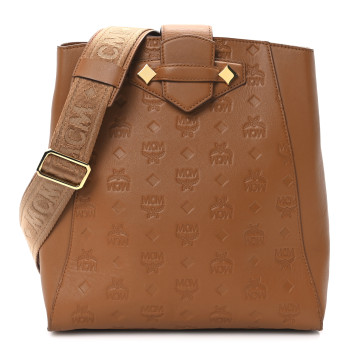 MCM Calfskin Ottomar Monogram Essential Bucket Bag Cognac