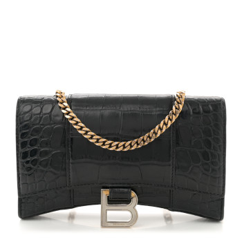 BALENCIAGA Shiny Calfskin Crocodile Embossed Hourglass Chain Bag Black