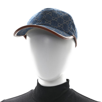 GUCCI Washed Jacquard Denim Nappa GG Monogram Oscar Baseball Hat M Denim Cuir