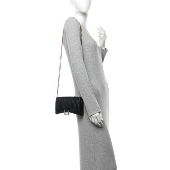BALENCIAGA Shiny Calfskin Crocodile Embossed Hourglass Chain Bag Black