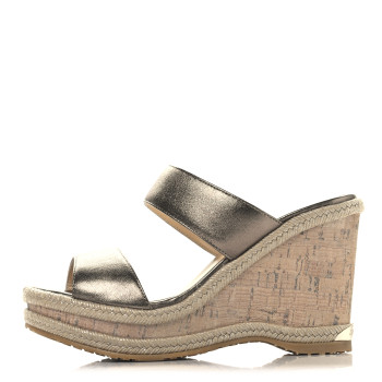 JIMMY CHOO Metallic Calfskin Cork Wedge Sandals 36 Bronze