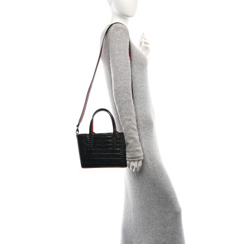 CHRISTIAN LOUBOUTIN Calfskin Crocodile Embossed Mini East West Cabata Tote Black