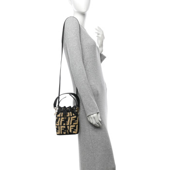 FENDI Raffia Vitello Seta F is Fendi FF Woven Mini Mon Tresor Bucket Bag Black Natural