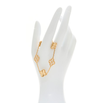 VAN CLEEF & ARPELS 18K Yellow Gold Diamond 5 Motifs Guilloche Vintage Alhambra Bracelet