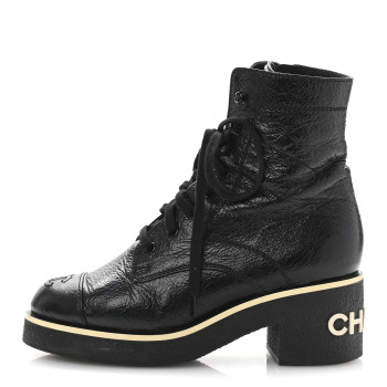 CHANEL Shiny Crumpled Lambskin Lace Up Combat Boots 36.5 Black
