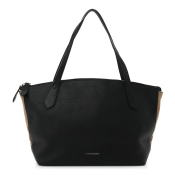BURBERRY Derby Calfskin House Check Medium Welburn Tote  Black