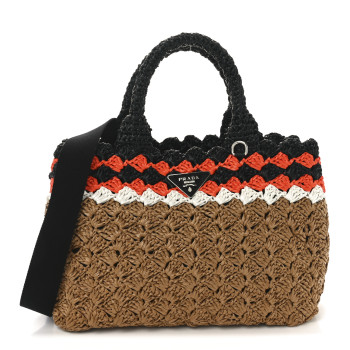 PRADA Raffia Crochet Colorblock Giardiniera Tote Caramel Papaya