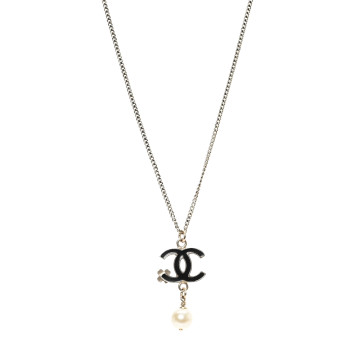CHANEL Resin CC Camellia Flower Pearl Necklace Gold Black