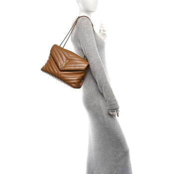 SAINT LAURENT Calfskin Y Quilted Monogram Medium Loulou Chain Satchel Dark Natural