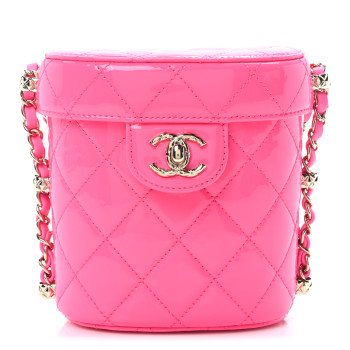 CHANEL Patent Quilted CC Vani-Tea Case With Chain Neon Pink