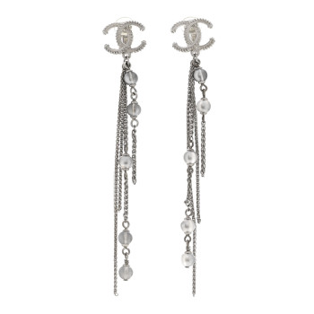 CHANEL Metal Chain Pearl CC Drop Clip On Earrings Silver