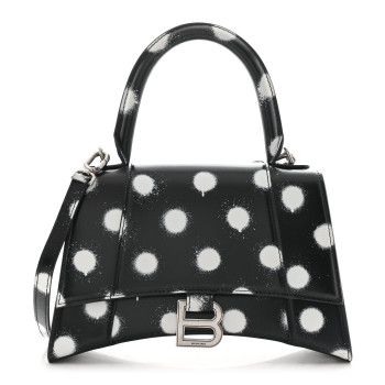 BALENCIAGA Smooth Calfskin Spray Polka Dot Small Hourglass Top Handle Bag Black White