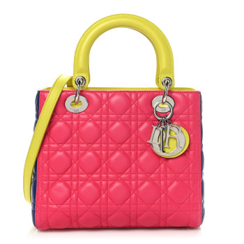 CHRISTIAN DIOR Lambskin Cannage Medium Tri-Color Lady Dior Pink Blue Yellow