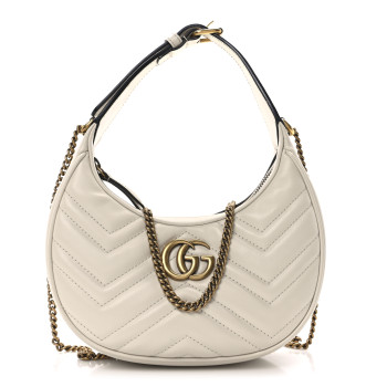 GUCCI Calfskin Matelasse Chevron Mini GG Marmont Half Moon Hobo Mystic White