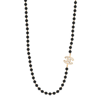 CHANEL Marble Beaded CC Long Necklace Black Gold White