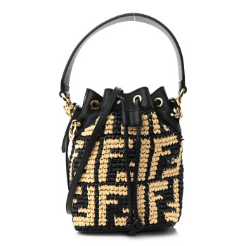 FENDI Raffia Vitello Seta F is Fendi FF Woven Mini Mon Tresor Bucket Bag Black Natural