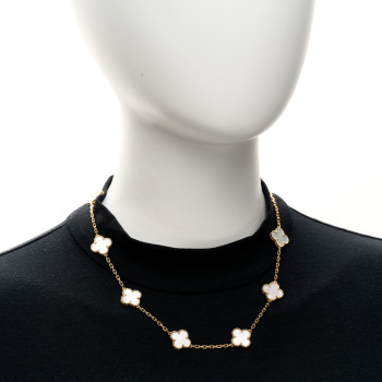 VAN CLEEF & ARPELS 18K Yellow Gold Mother of Pearl 10 Motifs Vintage Alhambra Necklace