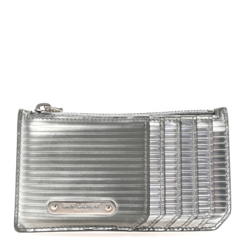 SAINT LAURENT Metallic Specchio Calfskin Striped 5 Fragments Zip Pouch Card Holder Silver