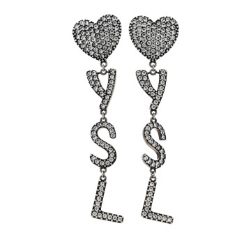 SAINT LAURENT Brass Crystal Monogram Heart Drop Clip Earrings Silver
