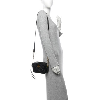 GUCCI Calfskin Matelasse Mini GG Marmont Chain Shoulder Bag Black