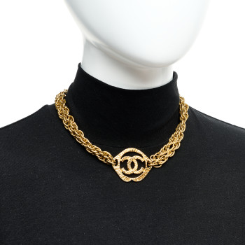 CHANEL Metal CC Round Pendant Double Chain Necklace Gold