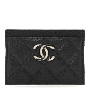 CHANEL Caviar Quilted Crystal Enamel CC Card Holder Black
