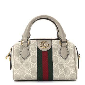 GUCCI GG Supreme Monogram Textured Dollar Calfskin Web Super Mini Ophidia Top Handle Bowler Bag Beige Mystic White Oatmeal