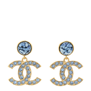 CHANEL Crystal Stone CC Drop Earrings Blue Gold