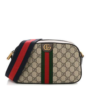 GUCCI GG Supreme Monogram Textured Dollar Calfskin Web Ophidia Wristlet Shoulder Bag Beige Ebony New Acero