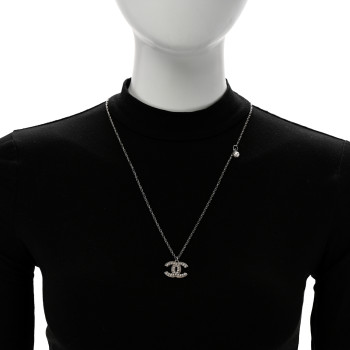 CHANEL Pearl Crystal CC Pendant Necklace Silver
