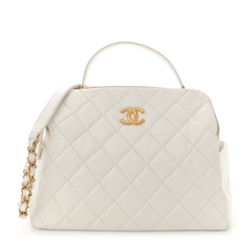 CHANEL Aged Calfskin Quilted Double Sided Bowling Bag White