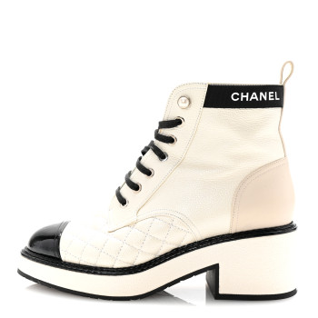CHANEL Pearly Calfskin Patent Calfskin Quilted Lace Up Boots 37 White Light Gray Black