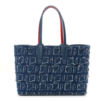 CHRISTIAN LOUBOUTIN Denim Embroidered Spikes East West Cabata Tote Blue
